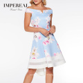 Blue Floral Dip Hem Off Shoulder Evening Dress Party Women